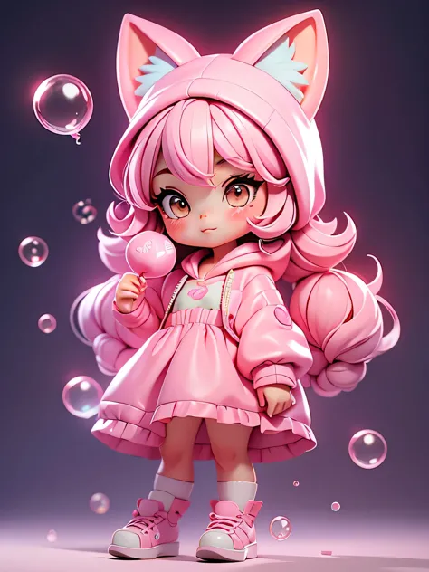 a set of chibi pink cat costume. cute girl with fantasy colorful bubbles is shy holding a lollipop in her hand