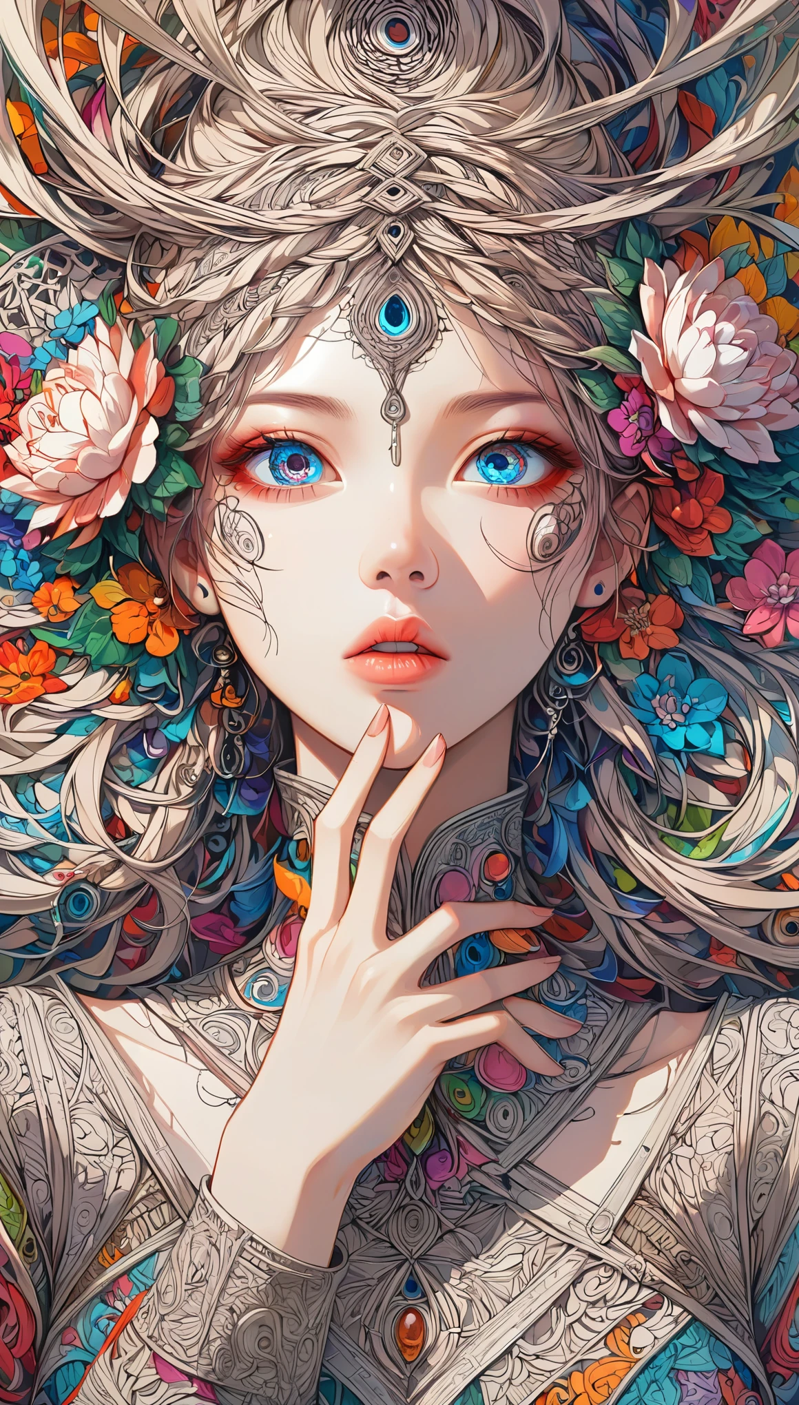 Official Art, wallpaper, Super detailed, (((Very detailed eyes and face))), Close your mouth, masterpiece, highest quality, Realistic portraits, (ZenTangle, Mandala, Tangle, EnTangle), Complex clothing, Very detailed, Dynamic Angle, The most beautiful form of chaos, elegant, Brutalist design, Vibrant colors, romantic chinese flower