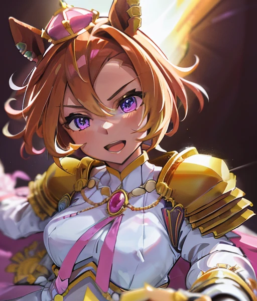 sfw,masterpiece, best quality, ultra detailed, extremely delicate and beautiful, 4K, 8k),1girl,upper body,crossed arms,light smile,open mouth,shy,beautiful detailed eyes,purple eyes,multicolored eyes,((Horse's ear)), human earles,short hair,medium small breast,(masterpiece),mini crown, ear piercing, white shirt, shoulder armor, pink cape, brooch, puffy long sleeves, jewelry, fingerless gloves, single glove, white gloves, multiple rings, corset, white skirt, pink skirt, two-tone skirt, pleated skirt, white thighhighs, zettai ryouiki, high heel boots, yellow footwear,beautiful face,beautifulgirl,smile,backlit, gold background, head tilt, smirk, parted lips, bright background, lawn,from front,
There is a golden horse🐎　Riding a golden horse🐴　It&#39;s autumn and the leaves are blowing wildly.🍁　Riding a blonde thoroughbred🐎
