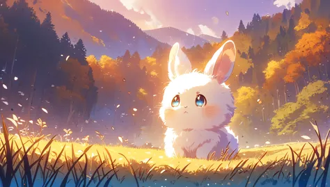 create a close-up, animated illustration of a fluffy baby bunny sitting in a field . emphasize the soft fur, big eyes, and twitc...