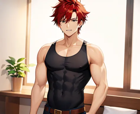 Red Hairのアニメのboy, boy, Classic Boy, boy, alone, Boys Romance, Anime Style, Official fan art, ponytail, Short Hair, Red Hair, Brown eyes, Muscular man, In anime style, masculine and muscular, Fan art, clothing:Black tank top, I wore denim shorts, Anime dick!!!!, Skin tight tank top, looking at viewer, cowboy shot, male focus ,