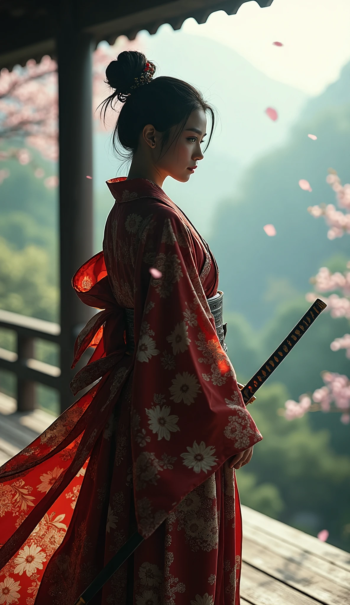 a beautiful female samurai in a traditional japanese kimono, holding a katana sword, standing on a wooden engawa veranda overlooking a traditional japanese garden with lush greenery, cherry blossom petals falling, mist in the air, (best quality,4k,8k,highres,masterpiece:1.2),ultra-detailed,(realistic,photorealistic,photo-realistic:1.37),intricate details,dramatic lighting,vibrant colors,ukiyo-e style,cinematic composition