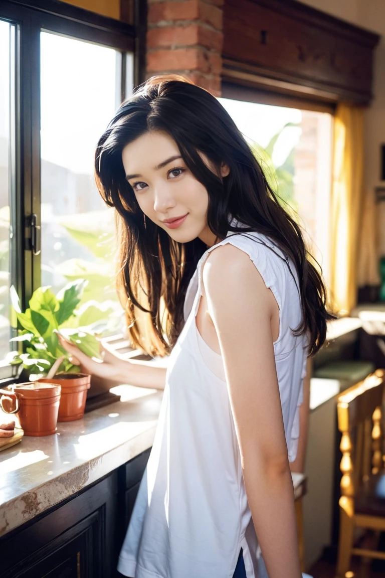 (Photorealism:1.2), Beautiful woman, Greeting the morning in the kitchen, Coffee cup in hand, wear , good, underwear, Long Curly Hair, indoor, Soft lighting, Background plants, Window and sunlight, 居心地のgood部屋, Relaxed pose, Realistic, Intricate details, Warm colors, By Greg Rutkowski, By Alphonse Mucha