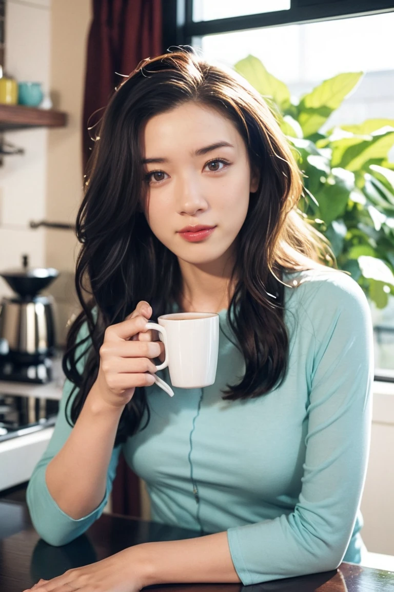 (Photorealism:1.2), Beautiful woman, Greeting the morning in the kitchen, Coffee cup in hand, wear , good, underwear, Long Curly Hair, indoor, Soft lighting, Background plants, Window and sunlight, 居心地のgood部屋, Relaxed pose, Realistic, Intricate details, Warm colors, By Greg Rutkowski, By Alphonse Mucha