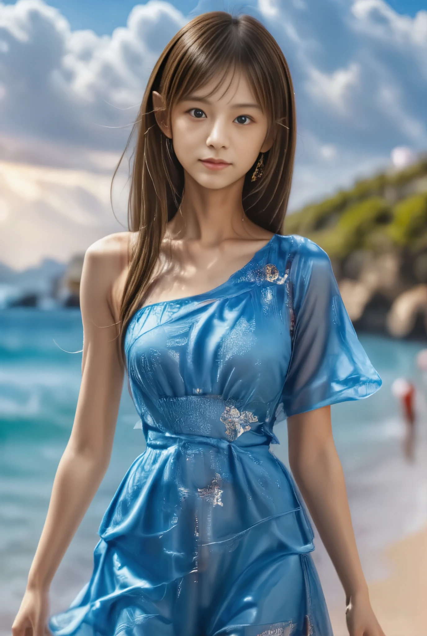 Photo of Japanese girl, earrings, upper body, 1girl, 
necklace, earrings, bracelet, 

The dress is primarily light blue with a series of ruffled layers cascading down her body, each layer slightly different in hue and embellished with sparkling, iridescent details. The top of the dress features a one-shoulder design, with the shoulder adorned in a sculpted, pleated detail that adds a touch of sophistication. , 

walking in the surf on a beach in Hawaii, mysterious sunsets and skies