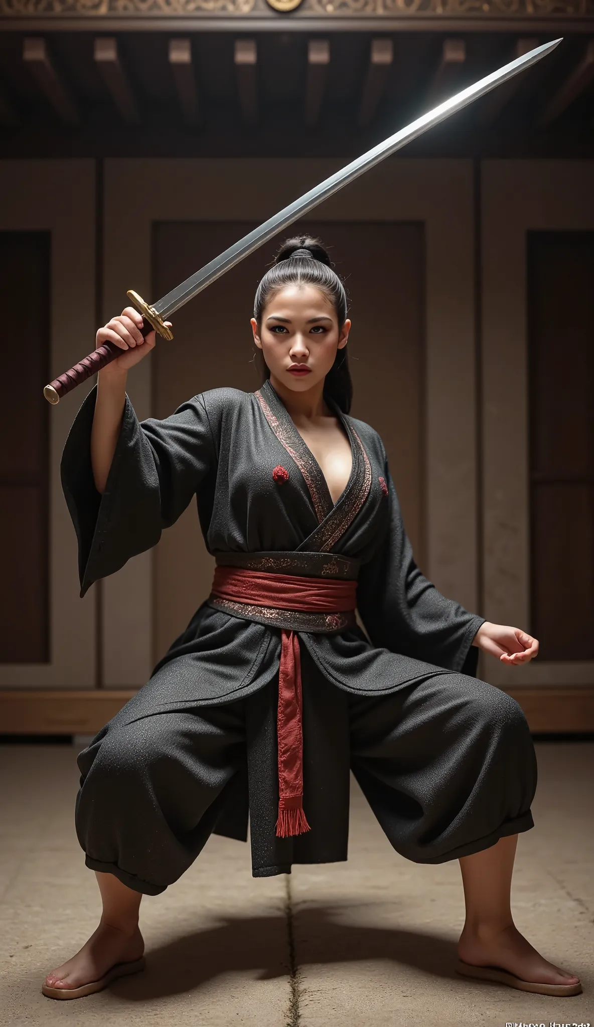 1 japanese female samurai, solo, wearing a kimono and hakama, straw sandals, gripping a razor-sharp japanese katana with a long,...