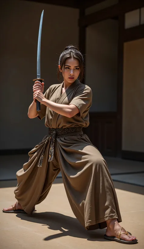 1 japanese female samurai, solo, wearing a kimono and hakama, straw sandals, gripping a razor-sharp japanese katana with a long,...