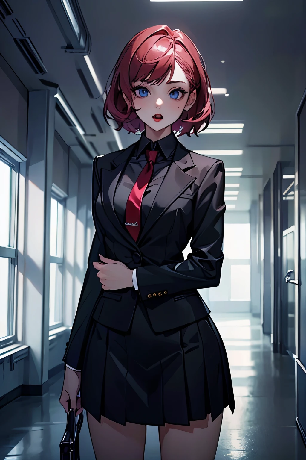 (highest quality:1.2), A 20-years-old girl is standing in the empty buisness office, looking her costume, touching her clothes, trying to remember why she is here. From front view, a photorealistic cute lady, European face like a doll, confused face, open blue eyes with no emotion, soulless blank eyes, embarassed face, dark bloody-red lip, open mouth with surprise,Short pink hair, close-up to face, wearing black business suits, wearing red tie, wearing black skirt.