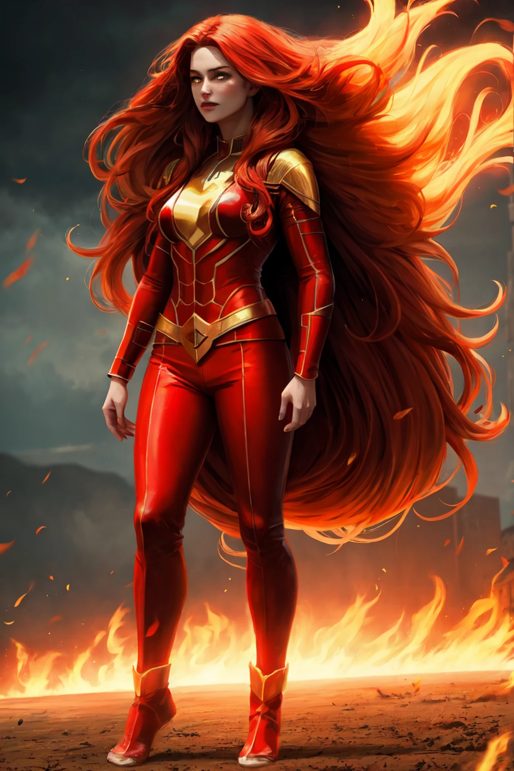 ((Full body photo, standing, feet on the ground)) masterpiece,best quality,highres,realistic,1girl,full body,long_hair,fiery_hair,fighting,