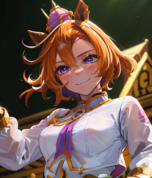 1girl, t.m. Opera About (Uma Musume), animal ears, horse ears, horse girl, short hair, crown, smile, orange hair, purple eyes, shirt, brown hair, mini crown, long sleeves, hair between eyes, Blonde riding a horse🐴　Riding a golden horse　A golden thoroughbred is next to me　Ride the chestnut thoroughbred🐴