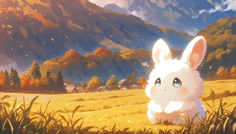 create a close-up, animated illustration of a fluffy baby bunny sitting in a field . emphasize the soft fur, big eyes, and twitc...