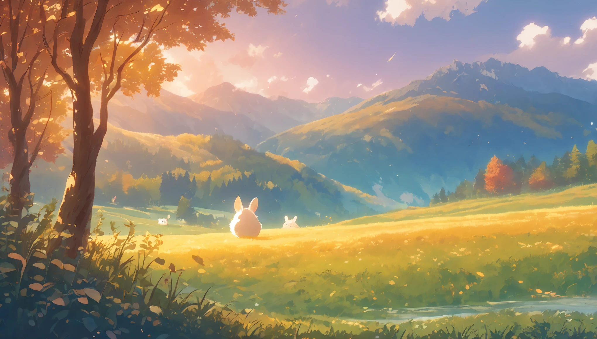 Create a close-up, animated illustration of a fluffy baby bunny sitting in a field . Emphasize the soft fur, big eyes, and twitching nose of the bunny. The background should be a gentle, highlighting the cuteness and innocence of the baby bunny, by makoto shinkai, anime beautiful peace scene, beautiful anime scene, anime background art, anime landscape wallpaper, anime countryside landscape, anime art wallpaper 4 k , anime art wallpaper 4k, beautiful anime scenery, anime art wallpaper 8 k, amazing wallpaper , Ultrawide cozy, Autumn , Fall, Forest