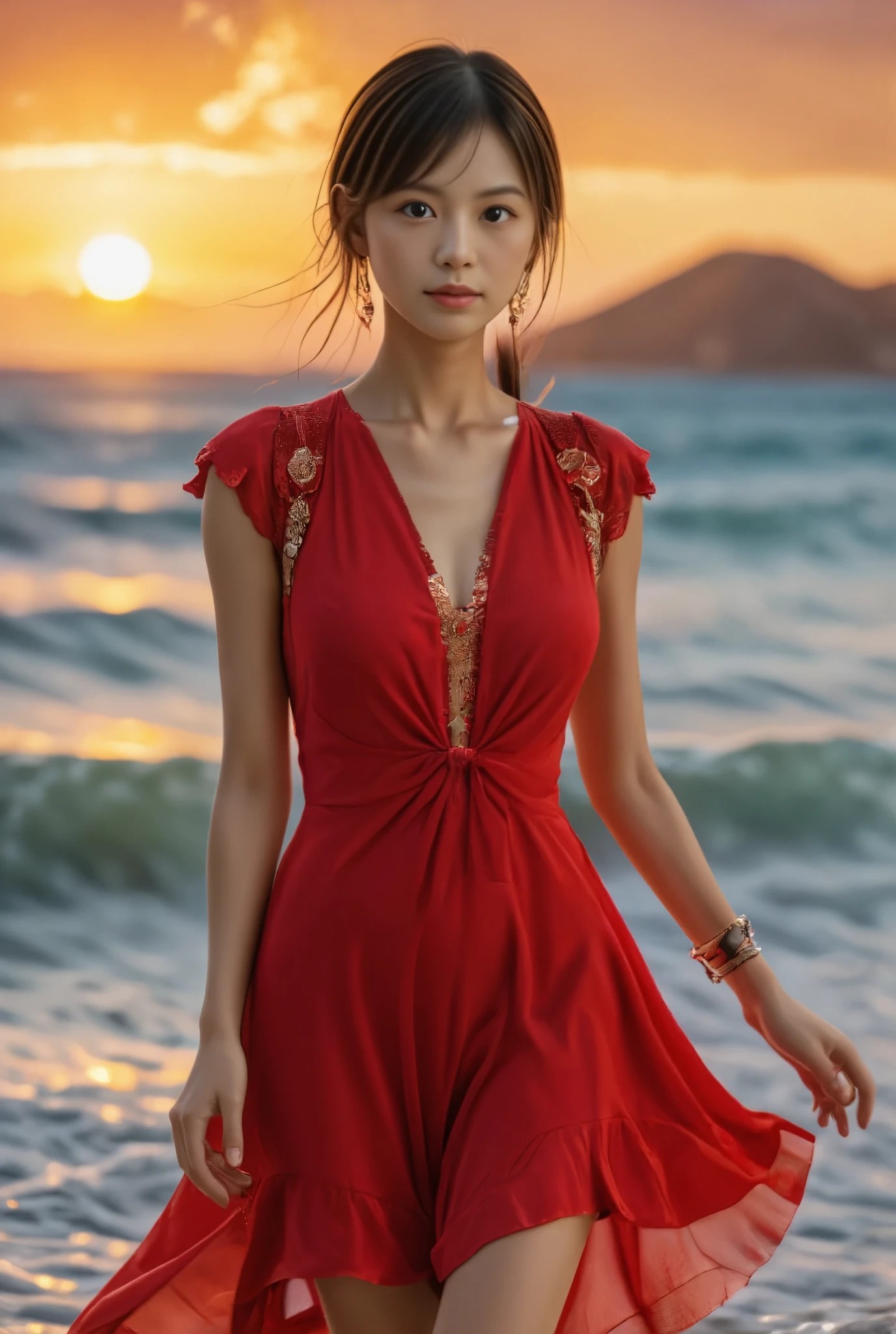 Photo of Japanese girl, earrings, upper body, 1girl, 
necklace, earrings, bracelet, 

The dress is red, with layers of ruffles flowing down her body. The shoulders are beautifully pleated like a sculpture, adding a touch of sophistication. , 

walking in the surf on a beach in Hawaii, mysterious sunsets and skies