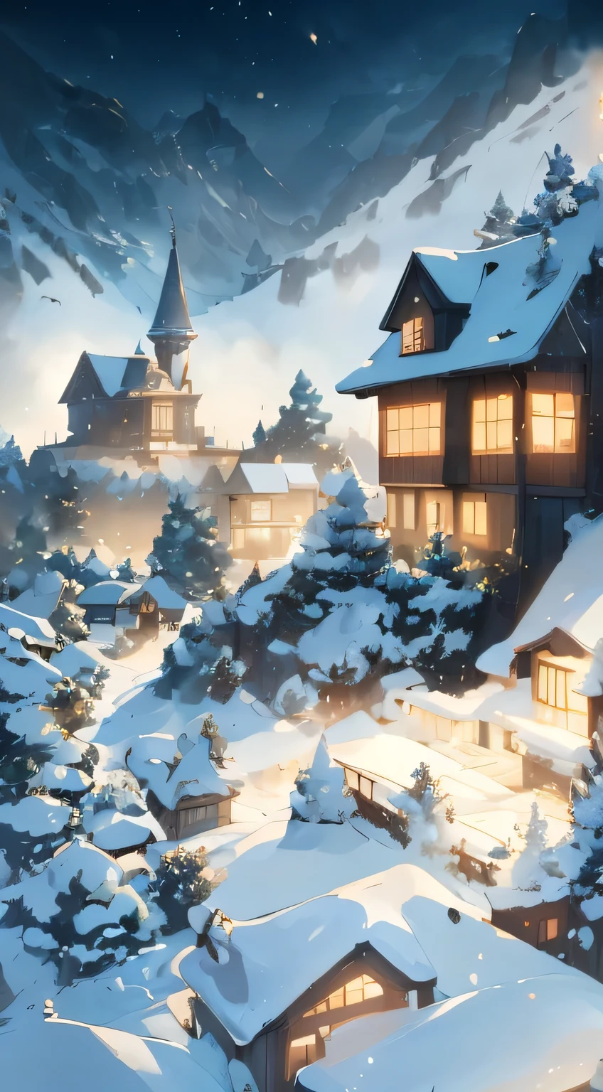 A 4K quality viral anime landscape wallpaper, styled as a digital illustration in the spirit of Hayao Miyazaki. The scene captures a lonely house perched on a hillside, with the trees shedding their last autumn leaves as the first snow begins to fall. The house’s chimney emits a soft plume of smoke, and the ground is a patchwork of frosty grass and fallen leaves. The sky is a muted blend of gray and pale blue, hinting at the arrival of winter. Small glowing creatures hover near the house, adding a magical element to the chilly scene. No human characters are present. --v 5 --stylize 1000