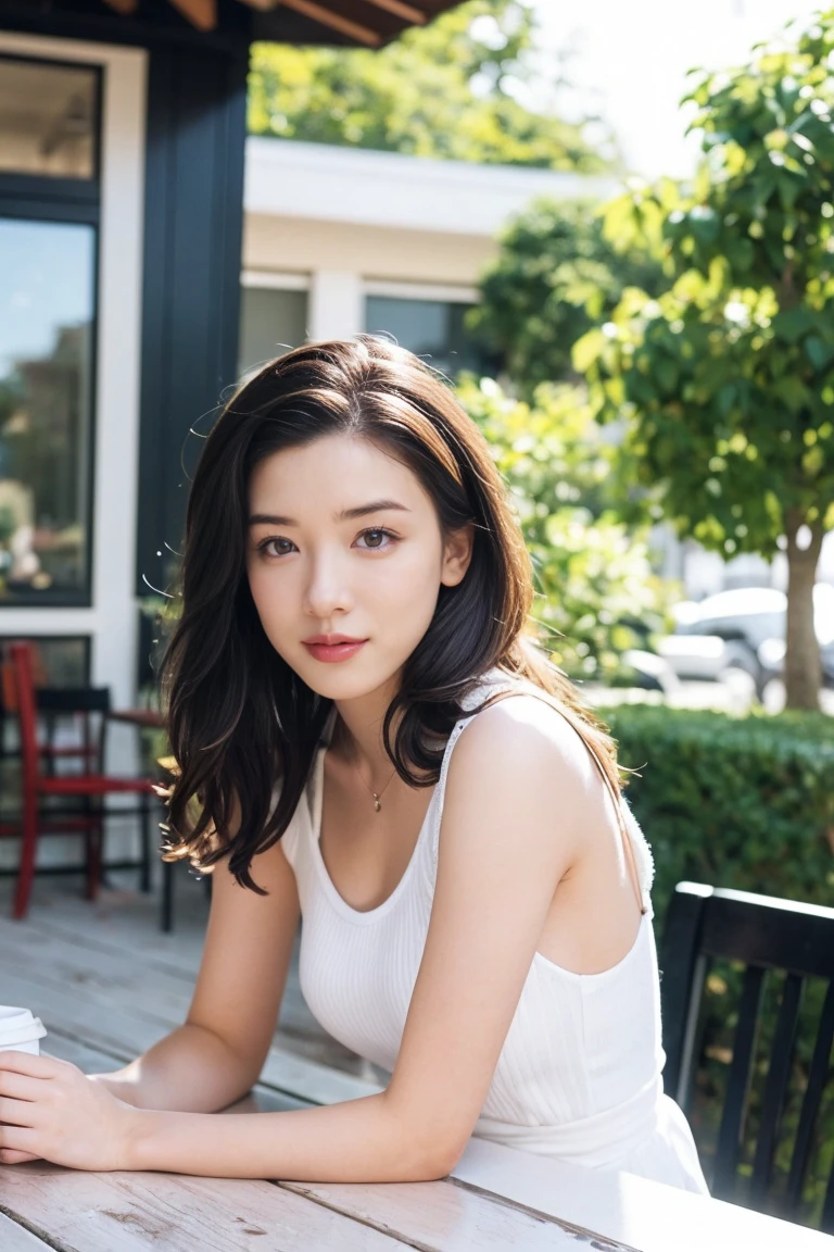 (Photorealism:1.2), Beautiful woman, Open Cafeで朝を迎える, Coffee cup in hand, wear , good, nude, Long Curly Hair, Outdoor，terrace,Open Cafe, Soft lighting, Background plants, Window and sunlight, , Relaxed pose, Realistic, Intricate details, Warm colors, By Greg Rutkowski, By Alphonse Mucha