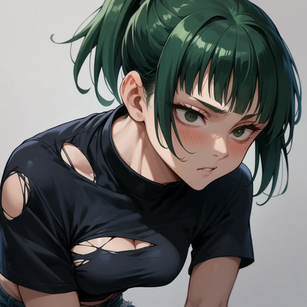 Maki Zenin, dark green hair, hair tied in a ponytail, wearing tight black top, ripped short jeans, ultra detailed green eyes, flushed face