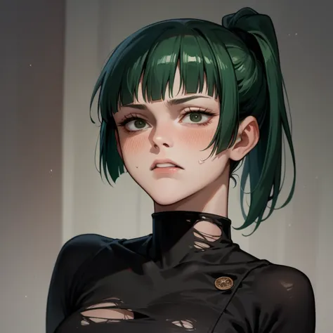 maki zenin, dark green hair, hair tied in a ponytail, wearing tight black top, ripped short jeans, ultra detailed green eyes, fl...