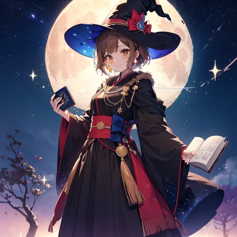 irohaisshiki, isshiki iroha, short hair, brown hair, (brown eyes:1.5), smile,((night sky)),((big full moon)),((sparkling colorfu...