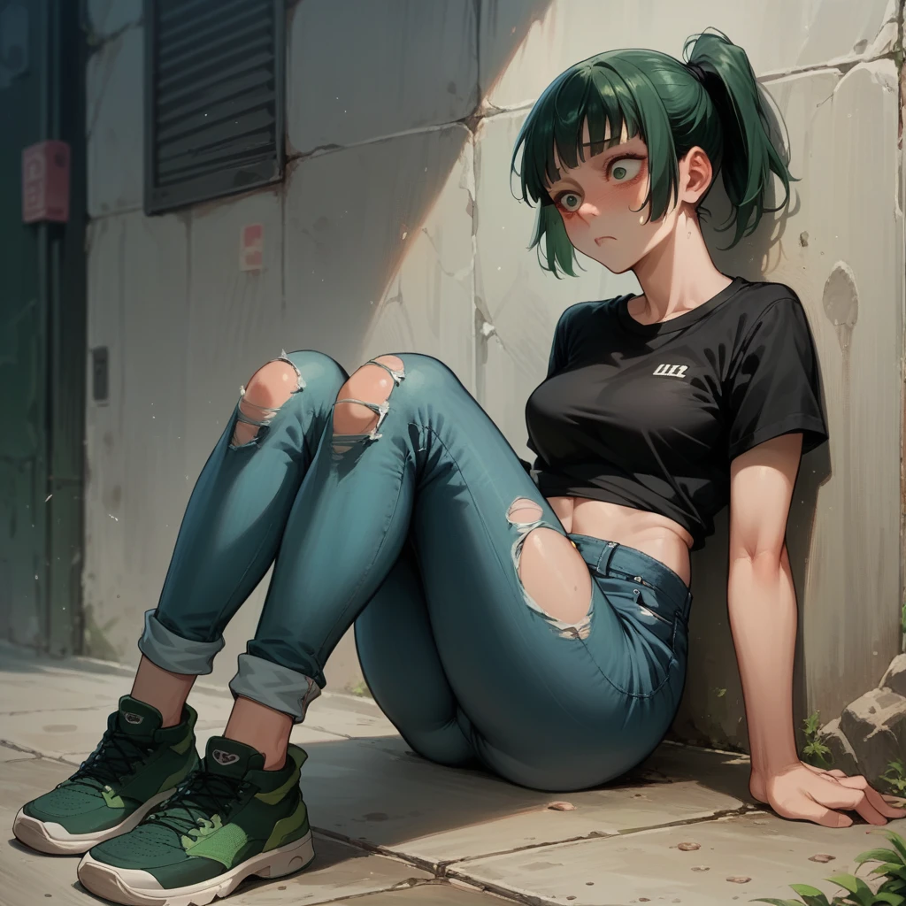 Maki Zenin, dark green hair, hair tied in a ponytail, wearing tight black top, ripped short jeans, ultra detailed green eyes, flushed face, full body