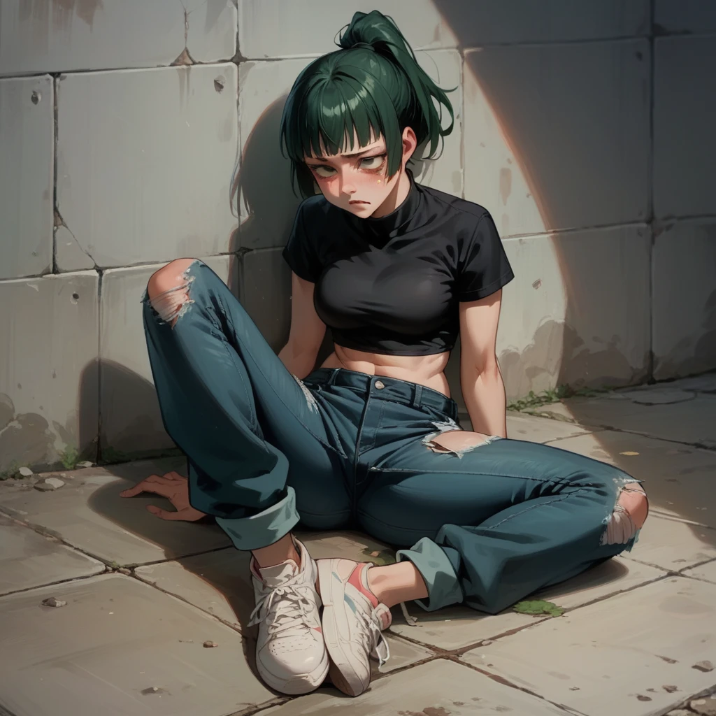 Maki Zenin, dark green hair, hair tied in a ponytail, wearing tight black top, ripped short jeans, ultra detailed green eyes, flushed face, full body