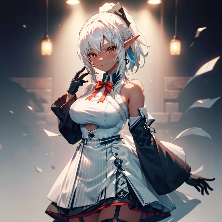 Masterpiece, Best Quality, Ultra-high resolution, One person, Shirakami Fubuki, Striped Hair, Multicolored Hair, Dark skin, Long Hair, Blonde Hair, Blue ribbon in hair, Pointed Ears, Alone, Side Lock, White gloves, Detachable sleeve garter straps, 白いニーハイHigh ponytail, White Dress, Red eyes, Large Breasts, Red bowtie, Gray Hair, Dark Elf, Long sleeve, Bare shoulders, ponytail, Cowboy Shot, smile, stage