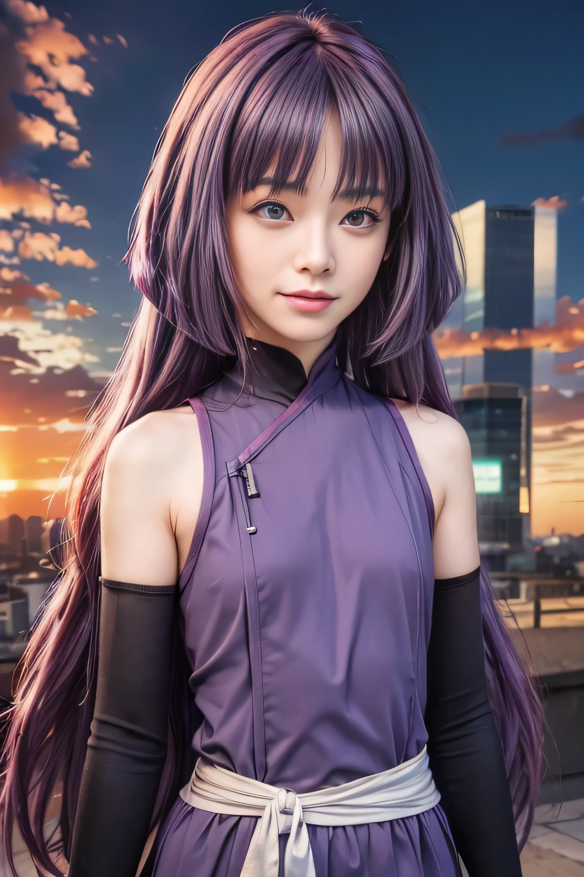 masterpiece, best quality, (realistic,photo-realistic:1.4), (RAW photo:1.2), extremely detailed CG unity 8k wallpaper, delicate and beautiful, amazing,finely detail, official art, absurdres, incredibly absurdres, huge filesize, ultra-detailed,extremely detailed eyes and face,light on face,(little smile),sumire kakei,(purple hair:1.4),long hair,red hairband,(wearing clothes:1.5),(sunset background:1.5)