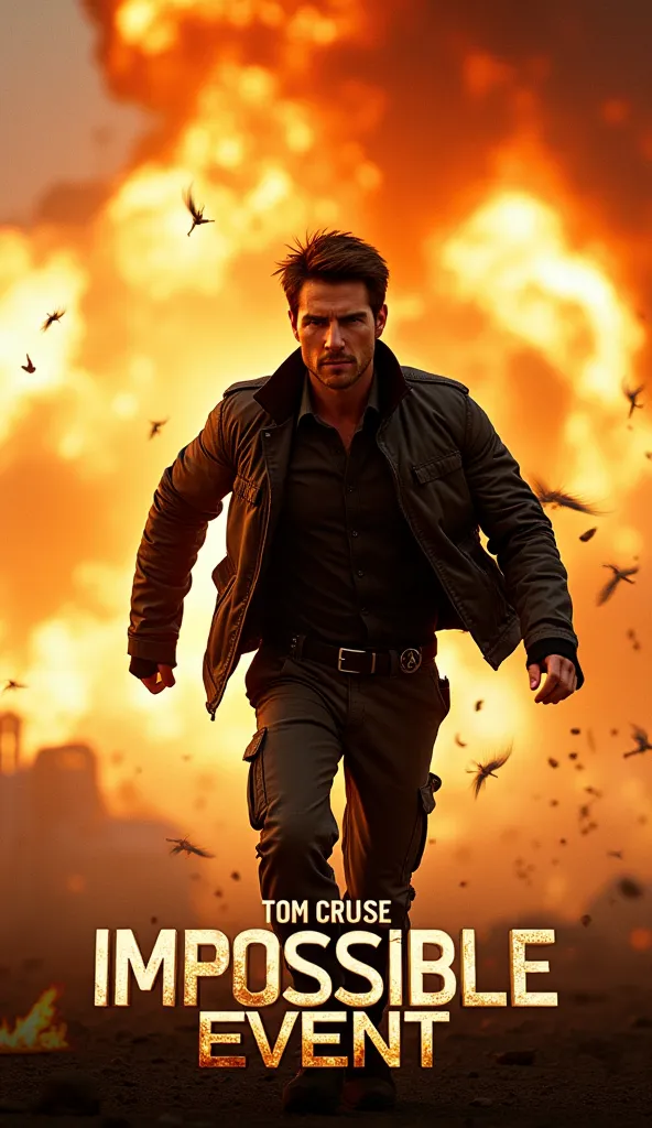 a movie poster with Tom Cruise running away from an explosion, with the title "Impossible Event"