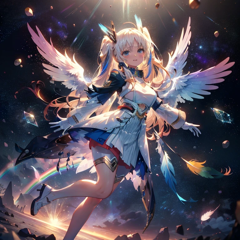 (a bit: 1.2), (masterpiece: 1.4), (Best Quality: 1.4), (She is fused with a Gundam mecha from the future.:1.4), (Very cute angel girl, Ultra detailed face, Jewel-like eyes, White very long hair, Colorful gradient hair: 1.4),Put on head gear, With V-fin ,Mechanical Wings, (whole body:1.5, Two perfect arms, Perfect two legs: 1.4), (Four perfect fingers: ), Light, Shine, Bokeh, Super Fine, Watching the audience,Focus on the eyes　star,Wide viewing angle,Low angle,彗star,milky way,((Archangel　Fantasy　Rainbow Hair　Dye the inside of your hair rainbow colors　Twin tails　Dull blue eyes))　((Has a galaxy　Uniform　Put on a coat without putting your arms through it))　(((Wings many times larger than mine　Rainbow gradient feathers　Glass Feather)))　Pillar of Light　Cyberpunk　Smiling Kindly　Front　Low Angle))　((tears　gloves))　(Broken glass　Rolling Pebble　Distorted Space-Time　star)　Catching the Wind　milky way　Shine背景　Particles of light　Iridescent Edge　Shineエッジ　star,Wide viewing angle,High Position,彗star,milky way,Watching from a distance