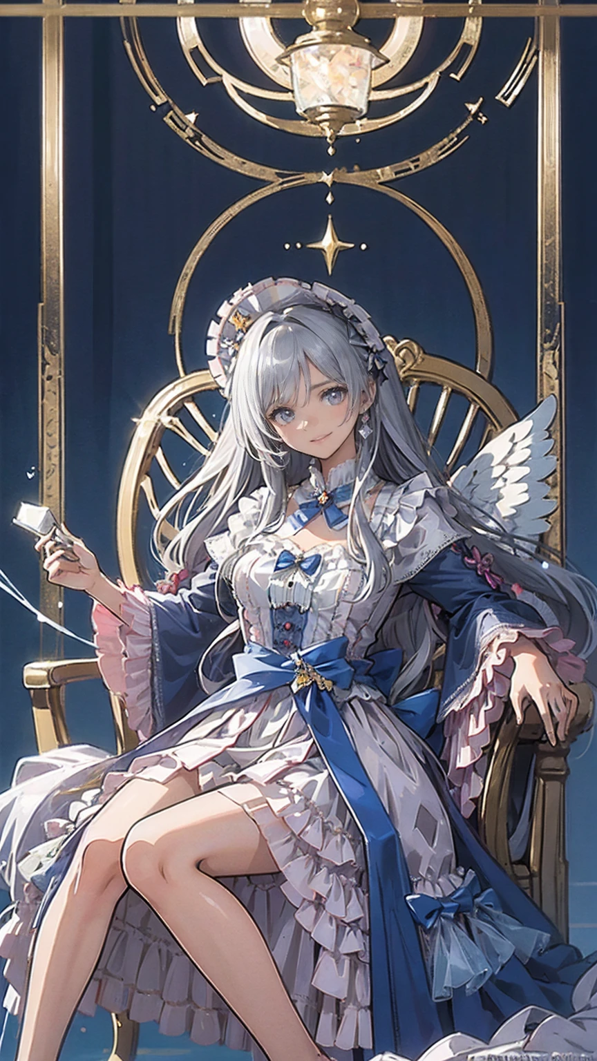 Beautifully clear and crystal clear digital 8K resolution. The skilled skills of a professional illustrator who specializes in Japanese Moe adult art. Add angel paint effect. Drawing adult characters. The dress fashion of European aristocrats based on Gothic. A cute smile and overflowing energy. A little mini skirt. A nice chair-sitting pose. The background is a cute design with old European magic card frame decoration.. A mix of portrait and caricature painting wallpaper poster style. visual effects(Enhanced thick brush effect and smooth, soft and beautiful curved lines.).Upgrade to Ultra High Quality. Ultra high definition digital 8K sharp line art. Ultra high definition digital 8k line drawing digital 8k image. Decorated in pastel colors.