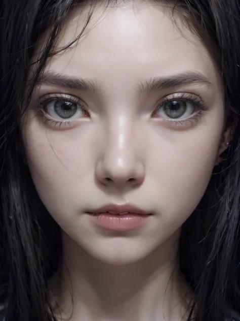 (european girls)、black hair、straight long hair、bright dark blue eyes、long eyelashes、sharp eye、thin nose、beautiful face、scared、an...