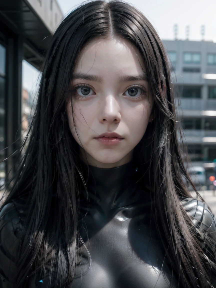 (European Girls)、Black Hair、Straight Long Hair、Bright dark blue eyes、Long eyelashes、Sharp Eye、Thin Nose、Beautiful Face、Scared、Anxious expression、Ultra-high resolution, Ultra-high resolution, (Realistic:1.4), Doll-like face、Outdoor、Futuristic Environment、She&#39;s a future deadly enforcer.、Carry a laser gun