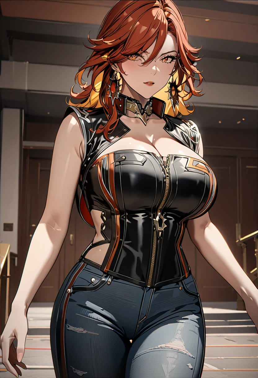 (Masterpiece), (detailed anime style), (super detailed), (perfect work), (4k), you are suffering, lovely, Madura, biker clothing, fitted jeans, very big breasts, I will trace the great, bare arms