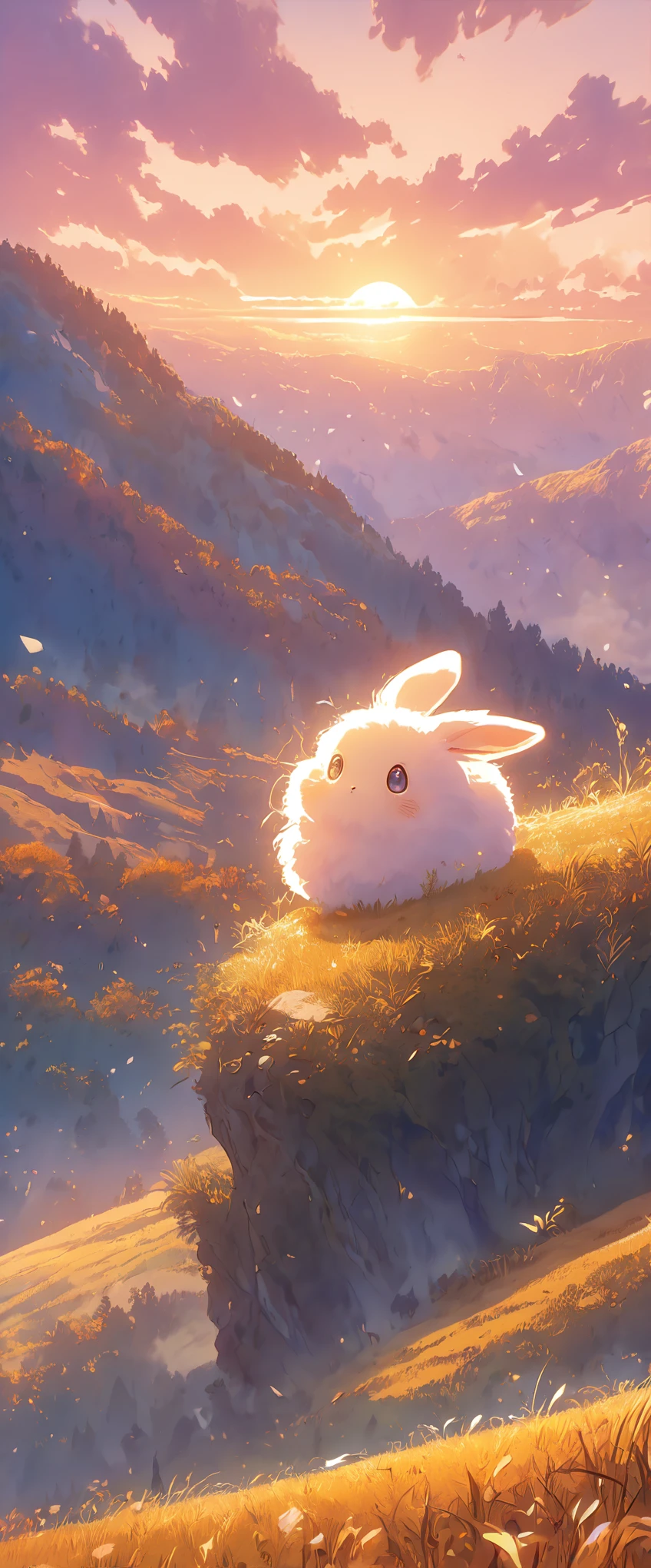 Create a close-up, animated illustration of a fluffy baby bunny sitting in a field . Emphasize the soft fur, big eyes, and twitching nose of the bunny. The background should be a gentle, highlighting the cuteness and innocence of the baby bunny, by makoto shinkai, anime beautiful peace scene, beautiful anime scene, anime background art, anime landscape wallpaper, anime countryside landscape, anime art wallpaper 4 k , anime art wallpaper 4k, beautiful anime scenery, anime art wallpaper 8 k, amazing wallpaper , cozy, Autumn , Fall, Forest