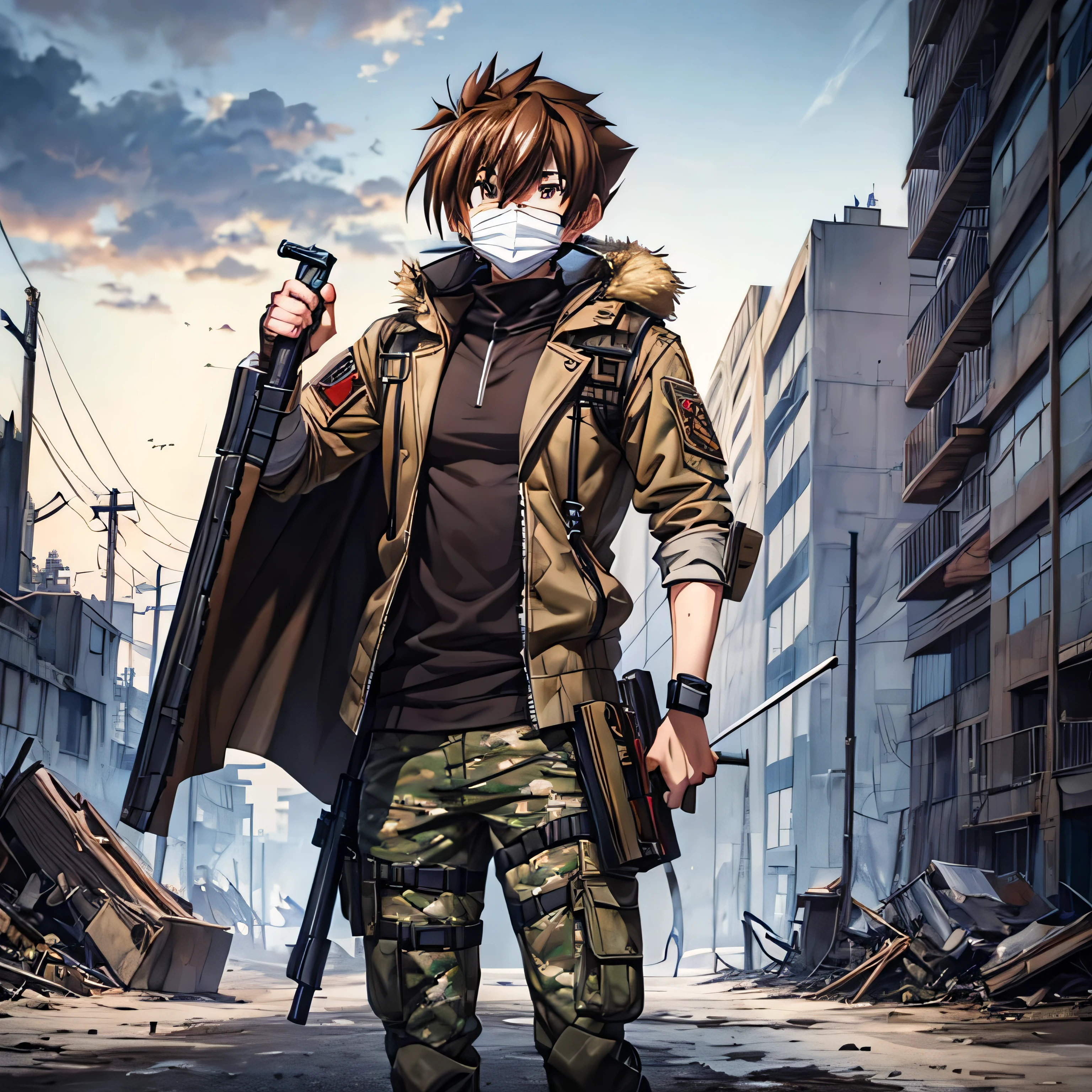 issei_hyoudou, brown hair, brown eyes, hair between eyes,ragged cape,scarf mouth mask,hooded,full body,(background), post apocalypse zombie,city ruins,military vest,white shirt,camouflage military pants,holding weapon