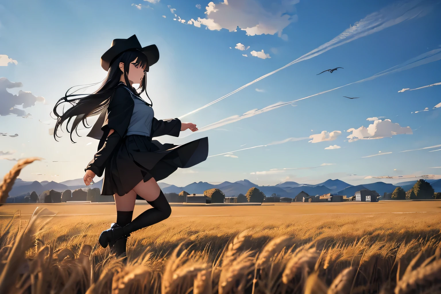 In a wheat field, a high school girl with a black school cap, black cloak, long black hair, black school uniform, black lace-up boots, and black stockings is harvesting wheat. A heron follows her.