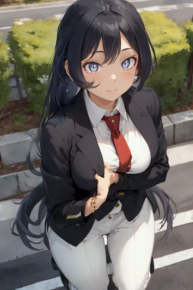 1girl,nejire hado, , standing outdoors on a sunny day, wearing a striking business suit with a twist


her long, wavy blue hair ...