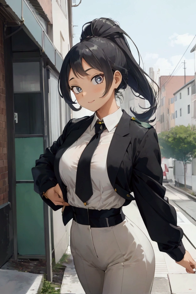 1girl,Nejire Hado, , standing outdoors on a sunny day, wearing a striking business suit with a twist


Her long, wavy blue hair is styled in a neat braid that falls over one shoulder, adorned with a few loose strands framing her face


She stands tall at 164cm, her slender yet athletic physique evident beneath the form-fitting suit. The white dress shirt is unbuttoned slightly at the collar, revealing a hint of her toned neck


A black jacket is draped over her shoulders, not fully zipped, giving a glimpse of her crisp white blouse underneath. The suit pants hug her legs perfectly, leading down to black leather boots


Her dark eyes, usually sparkling with curiosity, look up at the viewer with a soft, subtle smile playing on her lips. Her fingers gently rest on her chin, as if lost in thought


Medium-sized breasts are accentuated by the structured bra she wears underneath the suit, the straps visible at the neckline. Her fingernails are neatly manicured, adding to her professional demeanor as an "office lady"


In a surprising touch, she wears a black necktie, knotted perfectly beneath her chin, giving her a sense of authority and mystery. The outdoor setting provides a stark contrast to her formal attire, as if she stepped out of the office for a moment


The focus is solely on Nejire, captured in a peaceful, contemplative moment, her vibrant appearance standing out against the backdrop of nature. The details of her suit, hairstyle, and accessories scream sophistication, while her relaxed posture and tie hint at a more unexpected side to this young hero.