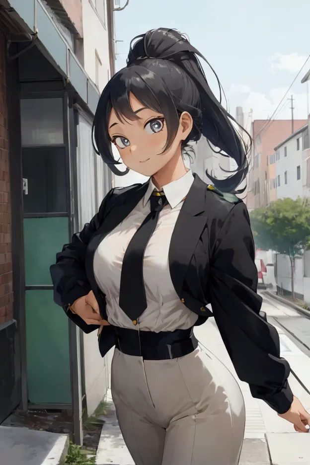 1girl,nejire hado, , standing outdoors on a sunny day, wearing a striking business suit with a twist


her long, wavy blue hair ...