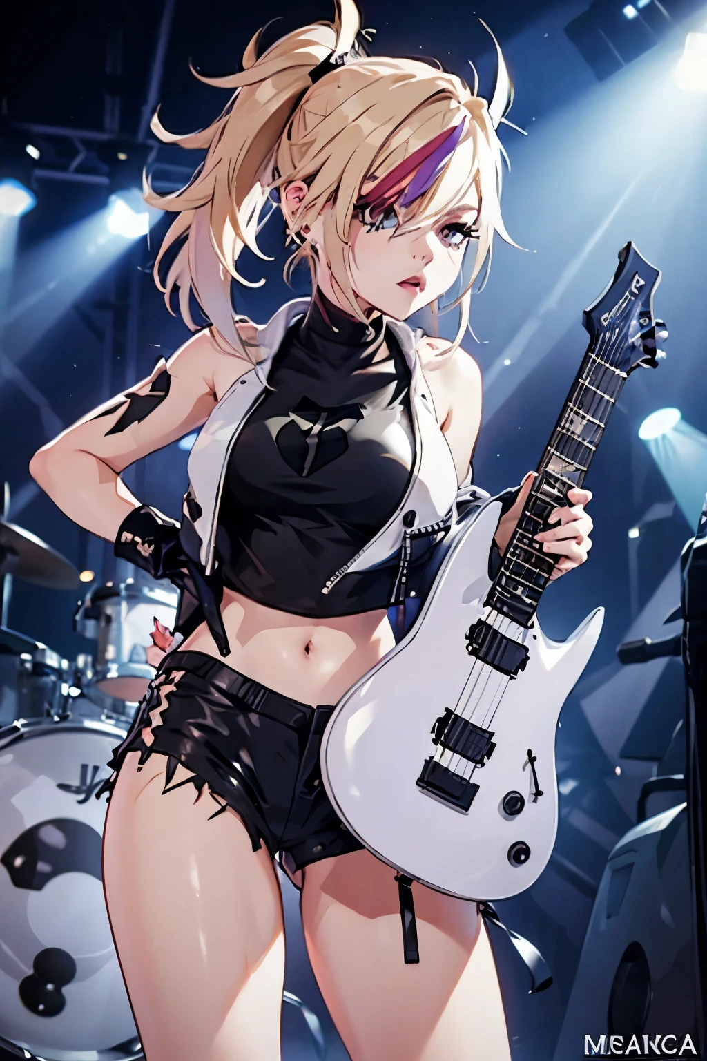 realistic:1.2, Rocker girl wearing a leather jacket,Lean body、Normal bust size,  full body shot, １two electric guitars, clothes with thorns,white tank top、exposed navel、low waist leather shorts,tattoo,dark lipstick earrings, blue eyes,blonde twintail hair,Black ribbon, Beautiful and perfect legs, confident look, punk style ,dynamic pose, dynamic lightingpalco colorido,colored stage lights, ant alexa 65, 50mm lens