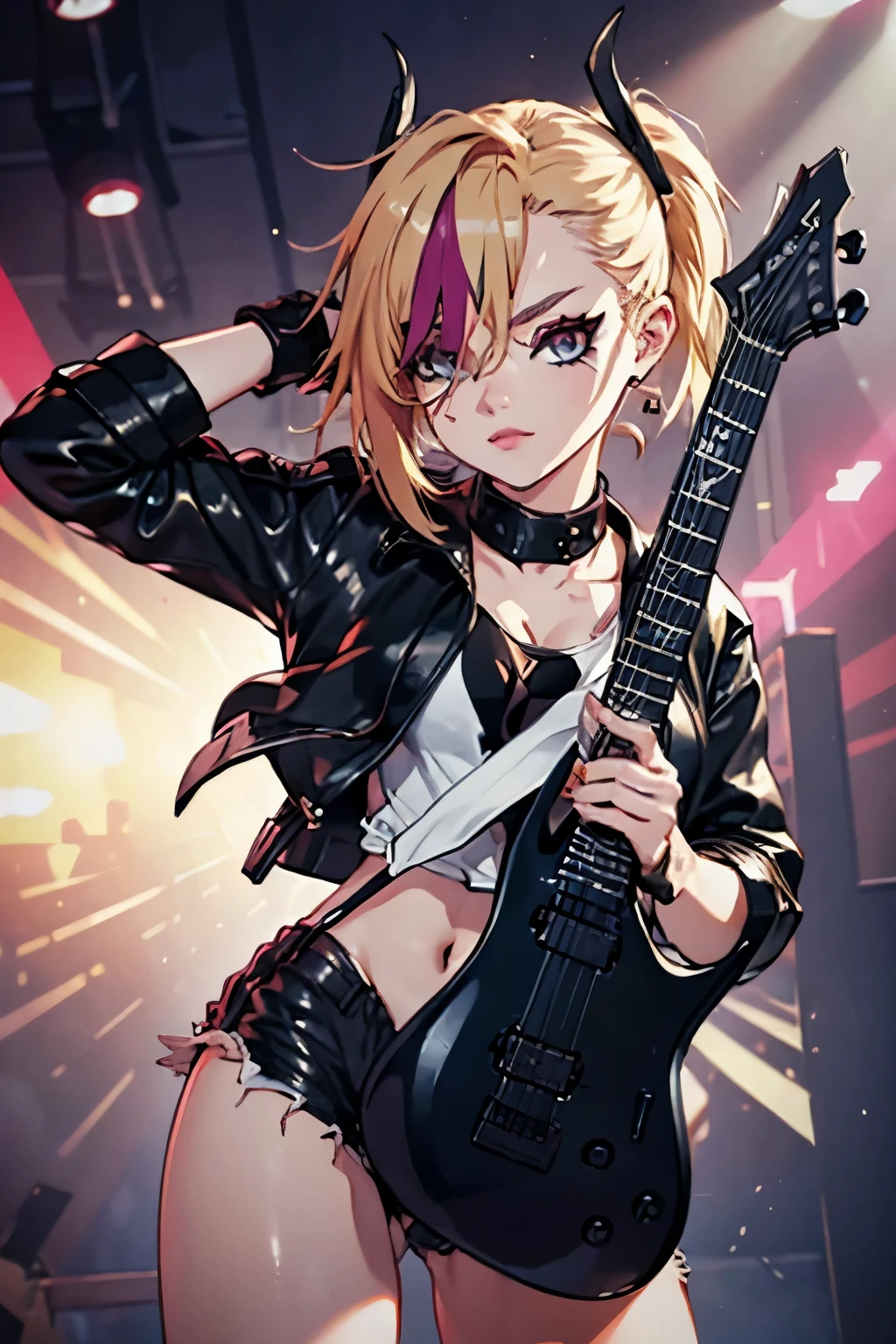 realistic:1.2, Rocker girl wearing a leather jacket,Lean body、Normal bust size,  full body shot, １two electric guitars, clothes with thorns,white tank top、exposed navel、low waist leather shorts,tattoo,dark lipstick earrings, blue eyes,blonde twintail hair,Black ribbon, Beautiful and perfect legs, confident look, punk style ,dynamic pose, dynamic lightingpalco colorido,colored stage lights, ant alexa 65, 50mm lens