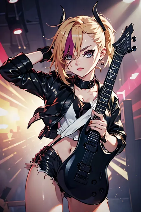 realistic:1.2, rocker girl wearing a leather jacket,lean body、normal bust size,  full body shot, １two electric guitars, clothes ...