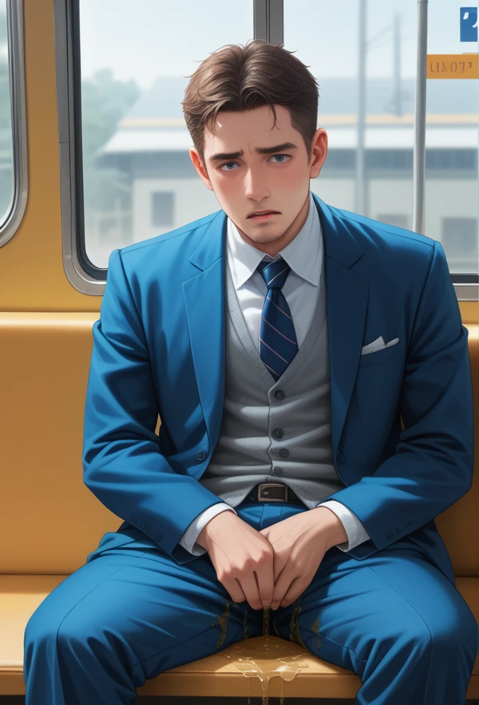 20 years old slender and mascular man, wearing blue suit. He is peeing himself in the train. He couldn't hold his pee. There is a large pee wet spot on his crotch. Pee stain on his pants. Pee wet spot on his crotch. He is ashamed of peeing himself. he is perplexed by the situation 