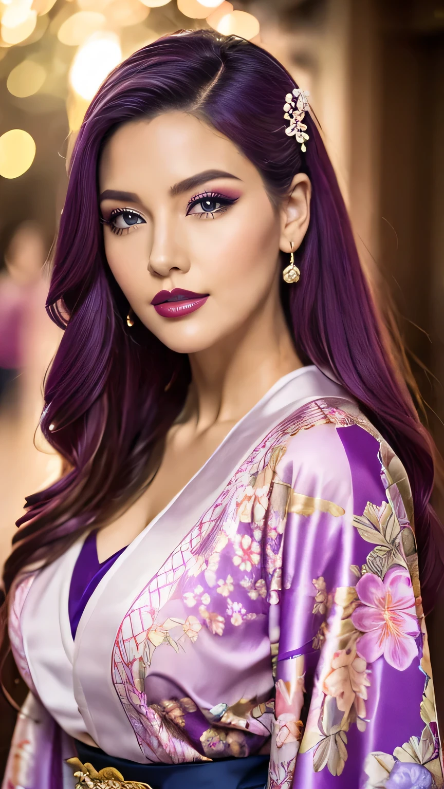 Realistic, Highest quality, 8k, woman, 20-year-old, Sakura pattern kimono, Large Bust, Long Hair, Ultra-detailed skin textures, Soft Lighting, Fairy, Bokeh, Purple Lipstick, Sensual Lipstick, Sensational Make up 