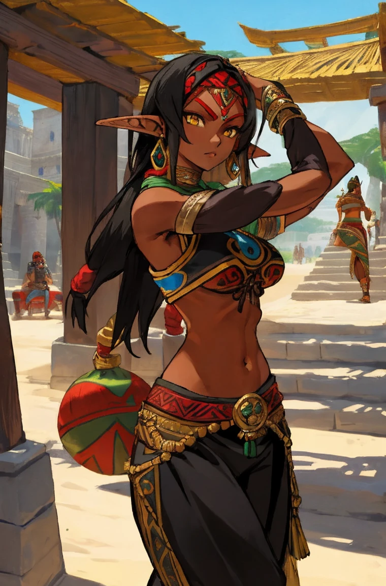 1girl athletic gerudo, elf ears, yellow eyes, black hair, (dark skin:0.7), (detailed face:1.1), portrait travelling merchant very wide hips, big breasts, aztec style outfit, long pants outdoors, masterwork, best quality, highly detailed