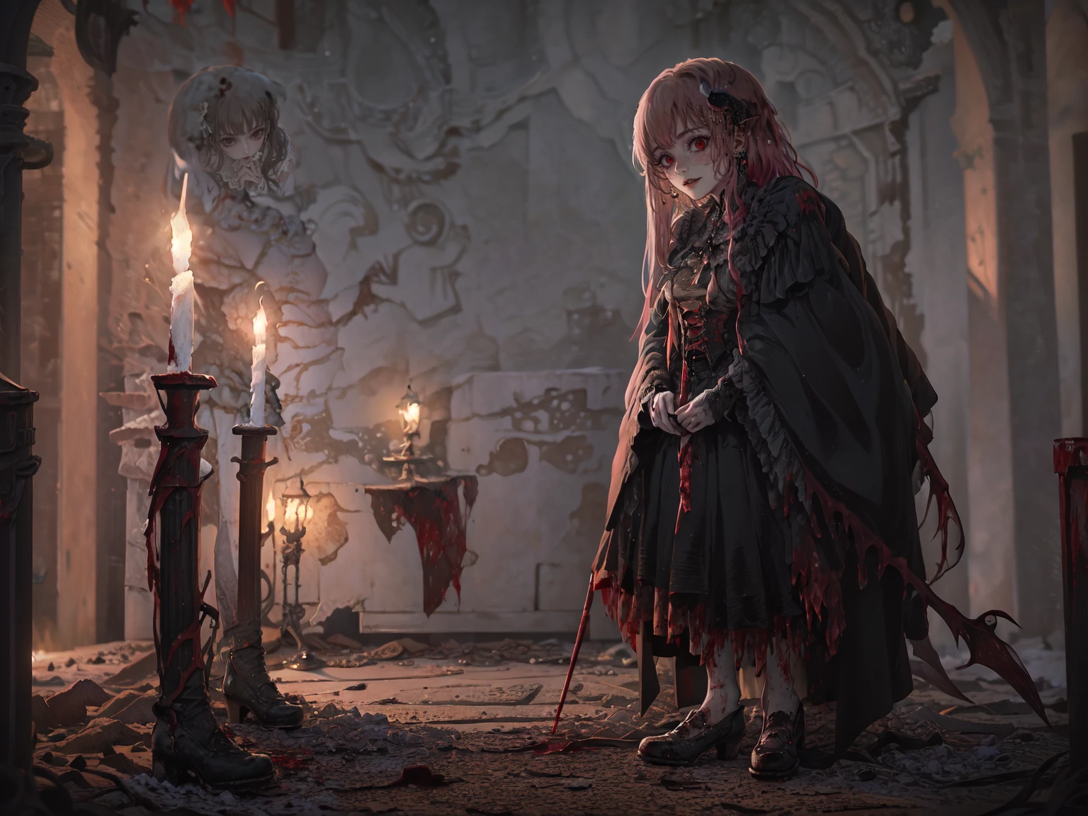 (Best Quality4K,High resolution,masterpiece:1.2),Very detailed,Realistic:1.37,,(whole body, I can see your feet and shoes: 1.2),、(,Spooky altar background,Dark fantasy,Red color scheme,Ominous atmosphere,Eye-catching,Storytelling,anatomy,Anime Style,Concept Art,beautiful細部までこだわった顔と (((Red eyes ))),A terrifying ritual ,Smoking a cigarette,Cigarette smoke,Satanic Ritual,Premature death,Inappropriate behavior,クレイジーなsmile,Scythe Face,Girl Monster, beautiful, Delicate facial features, Sharp Eye, Sharp Fangs, pale Skin, Thick Chain, Dark Background Cinema Lighting, Dramatic Shadows, Gothic style, Gloomy atmosphere, Dark fantasy, One person&#39;S, Please open your mouth wide, Open your mouth and baring your teeth,Sharp teeth like a beast, Wide lips, Very wide mouth, Red cheeks, ,(Blood splatter:1.2),Scary smile, smile,Angel Design, TwiSted smile、Bloody、Head bleeding,,,,,、Blood splatter、,(Blood splatter:1.2),skull,Horrorスタイル, ((Fantasy Sweet Ta Frill Pink Costume)), ((Flowing blonde hair)), ,(Blood splatter:1.2),Female Curves, Sexy flat stomach, Perfect hands, Perfect anime character face, (Pink Tata Dress)), Standing, ((邪悪なsmile)), ,(Blood splatter:1.2), Steam circulation, Moonlight Illumination, night lighting, (Blood splatter:1.6),アニメAngel Design, TwiSted smile、Bloody、Head bleeding,,,,,、Blood splatter、,(Blood splatter:1.2), skull,Gothic architecture、Western architecture、ファンタジーのworld、,Victorian city, Skeleton Gas Light,Absurd, High resolution、 ((Tabletop)), ((Best Quality)), (Very detailedな), ((Very detailed)), (beautiful), ((cute)), (NFSW:1.8), One personで,(:1.6)、(world&#39;The most terrifying and creepy demon :1.5)beautiful face、whole bodyエズビアン、pale, beautiful肌、beautiful金の髪、Smiling Kindly、Dark building ruins、(snow white&#39;Frill dress:1.5)、(The dark ruins are stained with blood:1.3)、ローアングルwhole bodyショット、(少女は血の海の中にStanding:1.5)、(The ground is full of blood:1.2)、(Lost a lot of blood...:1.2)、(クレイジーなsmile:1.6)、Spirits、(Blood dripping from the mouth:1.2)、Neo-Gothic style, Wearing a black dress and a white collar, Wearing a black hat、Wearing heavy makeup, Standing in a mystical garden surrounded by vines. The garden is full of deep purple flowers.、背景のGothic architecture。. &#39;Hair is golden、、A red rose is pinned to her side。. Her eyes are sharp、It&#39;Stabbing., Thick black eyeliner and long eyelashes. 彼女は顔色がpale.、Lips bright red.. The atmosphere is gloomy and eerie, Dim lighting casts long shadows. This piece combines digital illustration and photography....., outcome、驚くほどHigh resolutionの画像が生まれました. Most colors are dark、I&#39;gentle, Deep reds and purples create a dark beauty.. The style is neo-Gothic., Horror, Portrait photography, Create a unique and engaging visual experience.Dark Imagery
