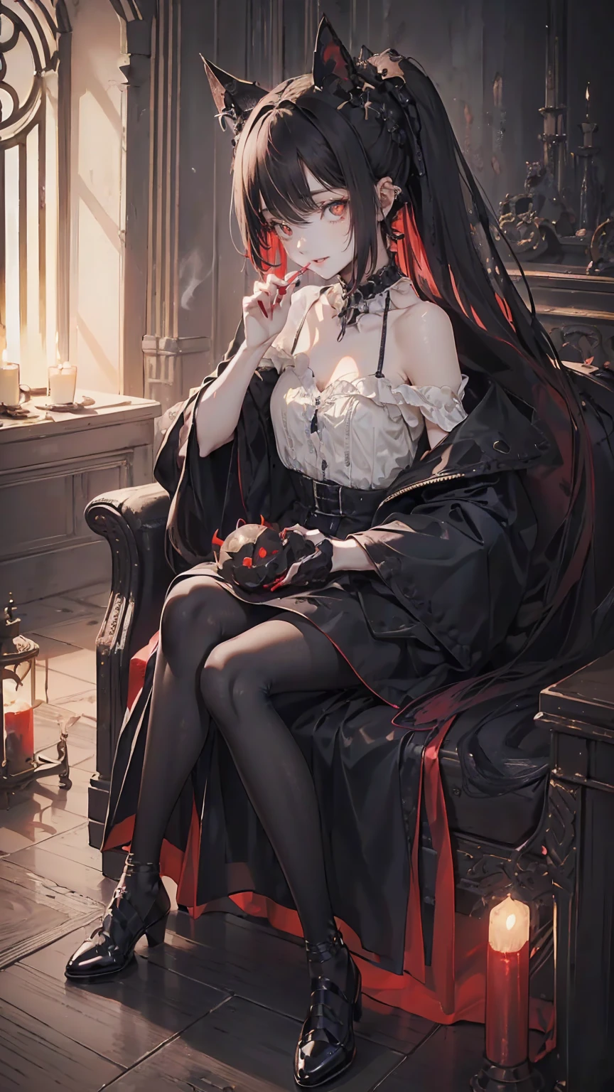 (Best Quality4K,High resolution,masterpiece:1.2),Very detailed,Realistic:1.37,,(whole body, I can see your feet and shoes: 1.2),、(,Spooky altar background,Dark fantasy,Red color scheme,Ominous atmosphere,Eye-catching,Storytelling,anatomy,Anime Style,Concept Art,beautiful細部までこだわった顔と (((Red eyes ))),A terrifying ritual ,Smoking a cigarette,Cigarette smoke,Satanic Ritual,Premature death,Inappropriate behavior,クレイジーなsmile,Scythe Face,Girl Monster, beautiful, Delicate facial features, Sharp Eye, Sharp Fangs, pale Skin, Thick Chain, Dark Background Cinema Lighting, Dramatic Shadows, Gothic style, Gloomy atmosphere, Dark fantasy, One person&#39;S, Please open your mouth wide, Open your mouth and baring your teeth,Sharp teeth like a beast, Wide lips, Very wide mouth, Red cheeks, ,(Blood splatter:1.2),Scary smile, smile,Angel Design, TwiSted smile、Bloody、Head bleeding,,,,,、Blood splatter、,(Blood splatter:1.2),skull,Horrorスタイル, ((Fantasy Sweet Ta Frill Pink Costume)), ((Flowing blonde hair)), ,(Blood splatter:1.2),Female Curves, Sexy flat stomach, Perfect hands, Perfect anime character face, (Pink Tata Dress)), Standing, ((邪悪なsmile)), ,(Blood splatter:1.2), Steam circulation, Moonlight Illumination, night lighting, (Blood splatter:1.6),アニメAngel Design, TwiSted smile、Bloody、Head bleeding,,,,,、Blood splatter、,(Blood splatter:1.2), skull,Gothic architecture、Western architecture、ファンタジーのworld、,Victorian city, Skeleton Gas Light,Absurd, High resolution、 ((Tabletop)), ((Best Quality)), (Very detailedな), ((Very detailed)), (beautiful), ((cute)), (NFSW:1.8), One personで,(:1.6)、(world&#39;The most terrifying and creepy demon :1.5)beautiful face、whole bodyエズビアン、pale, beautiful肌、beautiful金の髪、Smiling Kindly、Dark building ruins、(snow white&#39;Frill dress:1.5)、(The dark ruins are stained with blood:1.3)、ローアングルwhole bodyショット、(少女は血の海の中にStanding:1.5)、(The ground is full of blood:1.2)、(Lost a lot of blood...:1.2)、(クレイジーなsmile:1.6)、Spirits、(Blood dripping from the mouth:1.2)、Neo-Gothic style, Wearing a black dress and a white collar, Wearing a black hat、Wearing heavy makeup, Standing in a mystical garden surrounded by vines. The garden is full of deep purple flowers.、背景のGothic architecture。. &#39;Hair is golden、、A red rose is pinned to her side。. Her eyes are sharp、It&#39;Stabbing., Thick black eyeliner and long eyelashes. 彼女は顔色がpale.、Lips bright red.. The atmosphere is gloomy and eerie, Dim lighting casts long shadows. This piece combines digital illustration and photography....., outcome、驚くほどHigh resolutionの画像が生まれました. Most colors are dark、I&#39;gentle, Deep reds and purples create a dark beauty.. The style is neo-Gothic., Horror, Portrait photography, Create a unique and engaging visual experience.Dark Imagery
