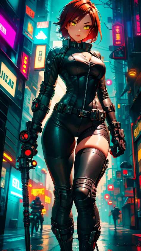 biker girl, motorcycle, leather one-piece garment, short hair, yellow glowing eyes, dark colors, cyberpunk, neon lights, red hai...