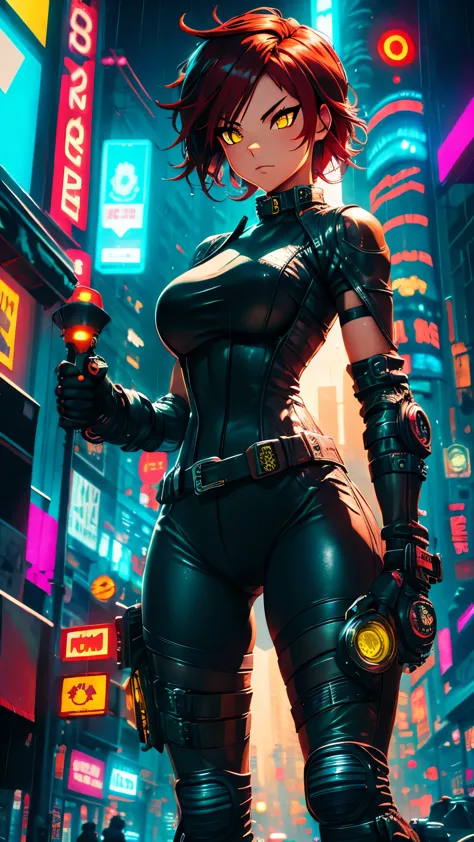 biker girl, motorcycle, leather one-piece garment, short hair, yellow glowing eyes, dark colors, cyberpunk, neon lights, red hai...