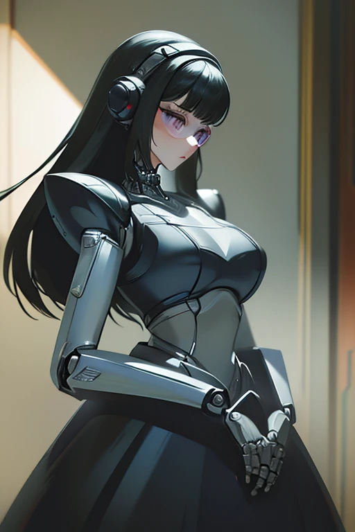 (masterpiece),(Highest quality),(Super detailed),(Best illustrations),(Best Shadow),(Absurd),(Detailed Background),(so beautiful), 16K, 8K, 4K,(Best Shadow),robotization,woman ,big bust,Robot Joint ,Metal skin,Black robot Suit,long hair,a black robot suit that covers the whole body,robot hand,cyber bodysuit,mecha head,(Detailed hands and fingers:1.2),Ball joint robot body,doll joint,beautiful face,beautiful robot girl,robotic eye,robotic hands,(no more human skin),android girl,cyborg girl,F cup, sexy body,(machine made joints:1.2),(machanical limbs:1.1),(blood vessels connected to tubes),(mechanical vertebra attaching to back),(mechanical cervial attaching to neck),no messy picture style