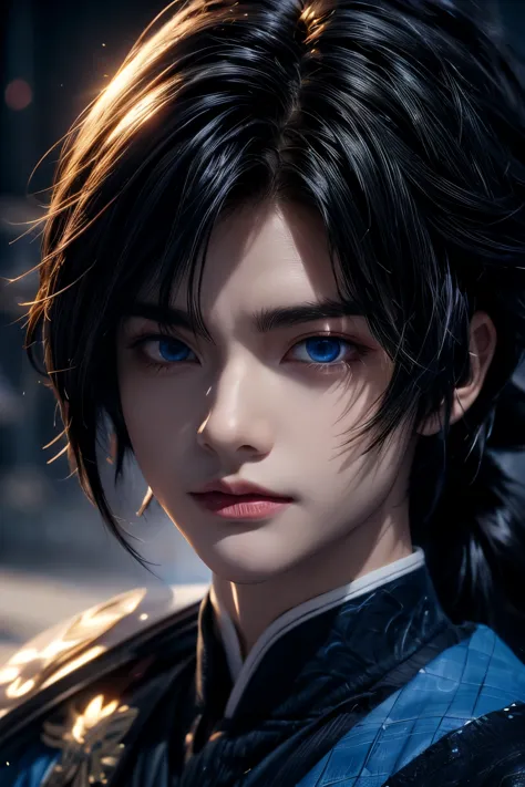 realistic portrait of tomioka giyu, 3d, the water hashira, demon slayer,  piercing blue eyes, long dark hair, and an intense, we...